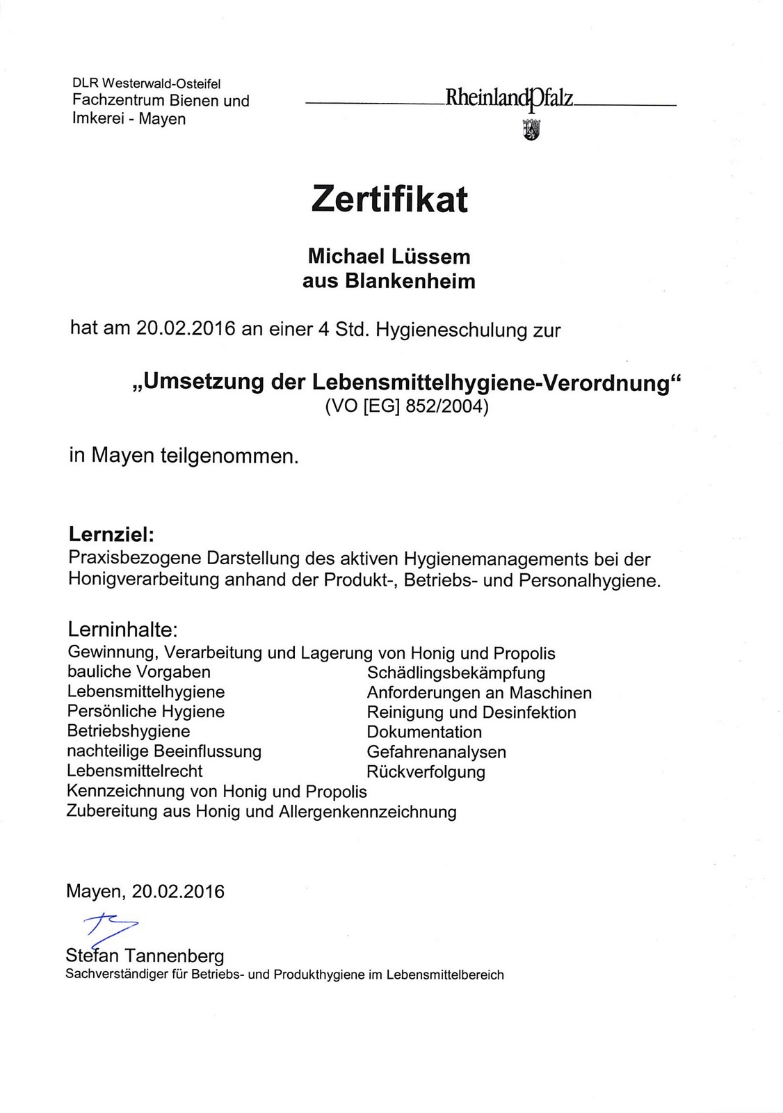 Zertifikat Lebensmittelhygiene