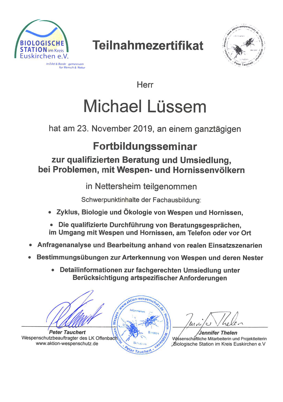 Zertifikat Fachberater für Wespen und Hornissen